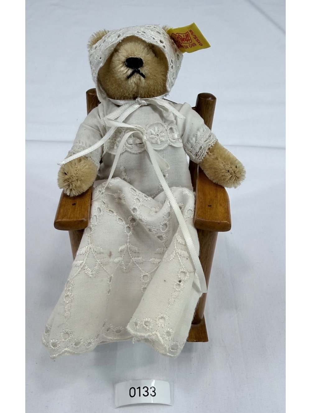 Steiff Vintage Mohair Teddy Bear in White Lace Dress and Bonnet Sitting in Mini-